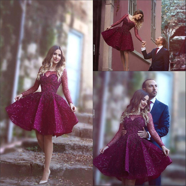 2016 Burgundy Short Cocktail Dresses Sheer Long Sleeve with Beads Sequins Said Mhamad Neck Fashion Short Prom Party Gowns Custom BA1772