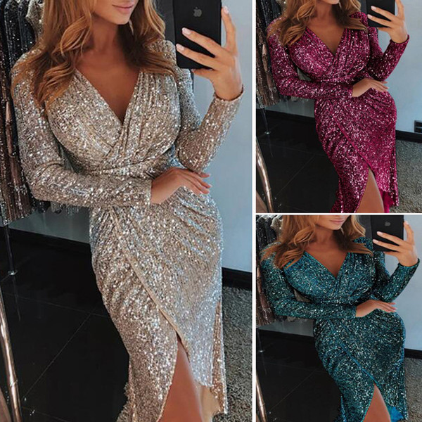 Sexy New Knee Length Cocktail Dresses 2019 V Neck Long Sleeve Short Modest Full Sequins Arabic Prom Party Evening Gowns Cheap