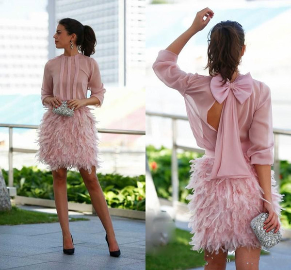 Charming Pink Short Feather Cocktail Dresses Long Sleeves Open Back With Bow Evening Gowns Party Dresses For Special Occasion Prom Gown