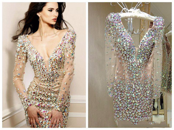 Sexy Deep V Neck Luxury Bling Rhinestone short Cocktail Dresses Party Gowns Long Sleeve Short Prom Dressfor Women Real Image