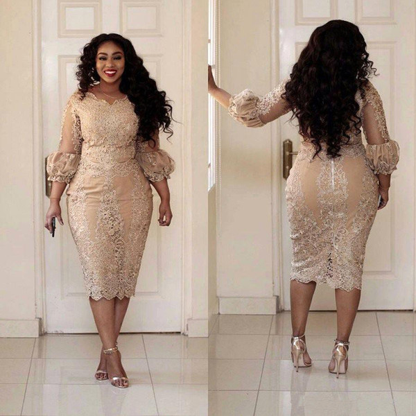 Sexy Plus Size Cocktail Dresses Modest Jewel Neck Applique 3/4 Sleeve Zipper Tea Length Prom Dress Fashion Champagne Woman Party Dress