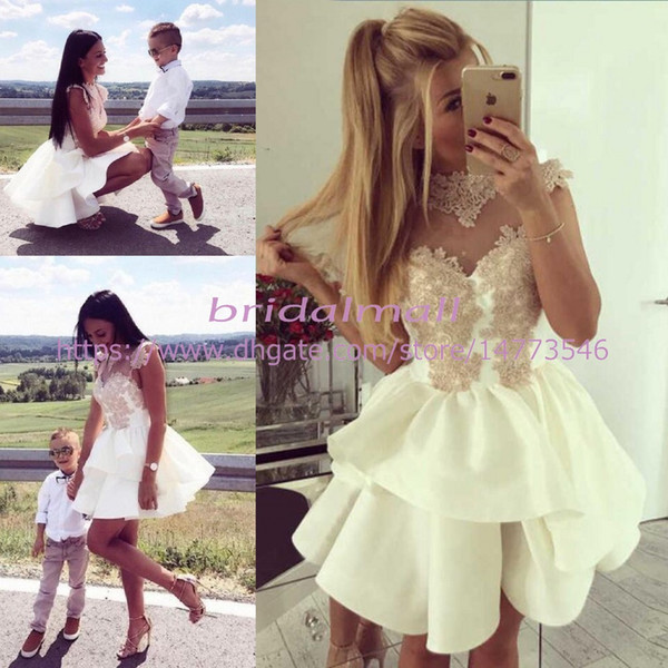 Appliqued Ivory Satin Short Mini Homecoming Dresses Cheap Sheer Neck Sweet 16 Girls Prom Dresses Tiered Ruffles Cocktail Party Gowns