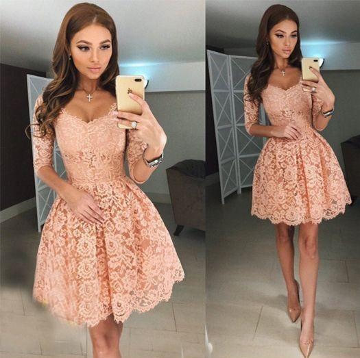 Elegant Coral Lace Short Cocktail Prom Dresses Half Sleeves Illusion Scoop Neck A line Pleated Homecoming Party Evening Dress Gowns