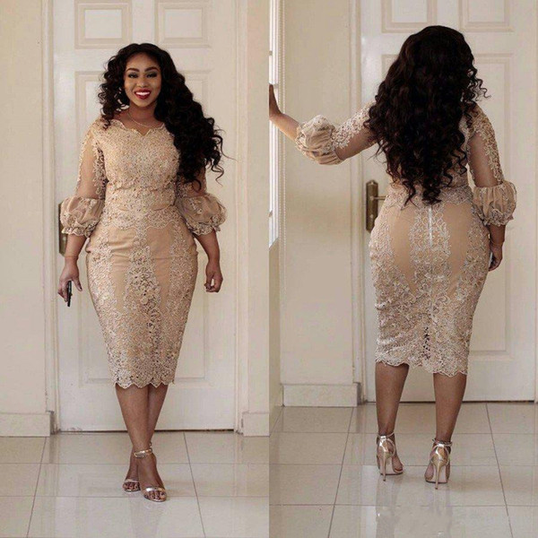 New Plus Size Cocktail Dresses Jewel Neck Applique 3/4 Sleeve Zipper Tea Length Prom Dress Fashion Champagne Pretty Woman Party Dress