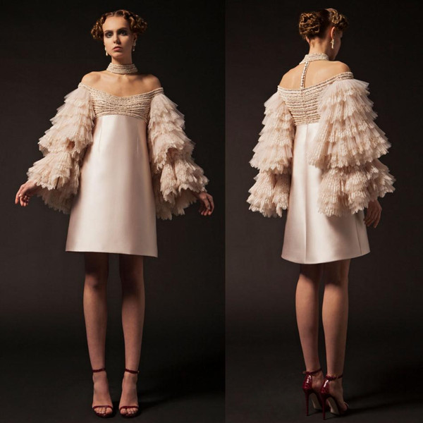 Krikor Jabotian Short Prom Dresses Off The Shoulder Knee Length Long Sleeve Cocktail Party Gowns Tiered Lace Beads Evening Dress