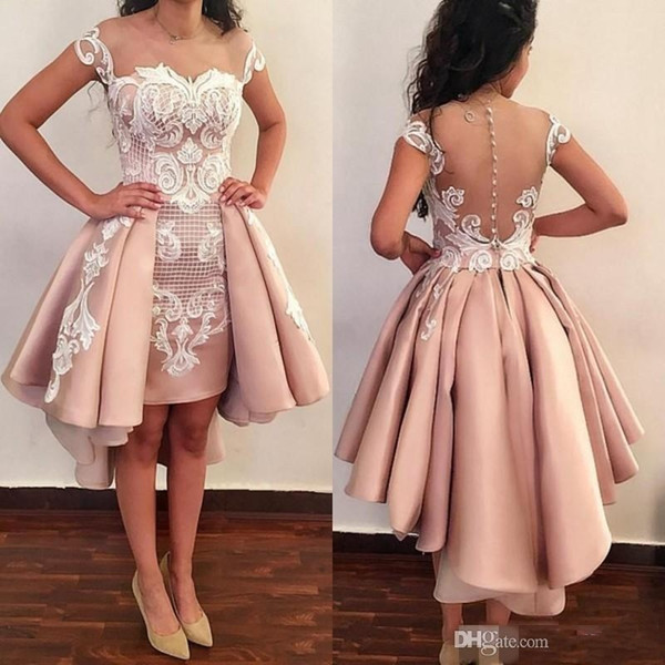 New Arrival Cocktail Dresses Appliques Cap Sleeves Mini Short Prom Dresses Formal Evening Wear Custom Made with Detachable Train