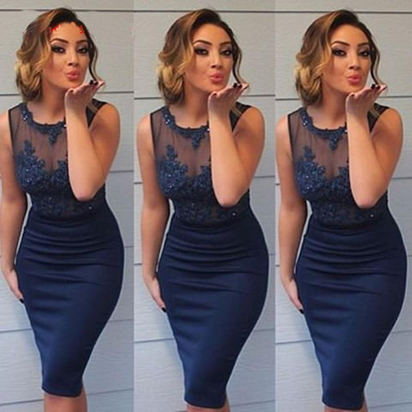 Sexy Royal Blue Cocktail Dresses 2016 Sheer Neck Applique Beaded Short Evening Dresses Hot Sale Celebrity Party dresses Myriam Fares