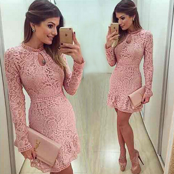 2016 New Arrival Keyhole Neck Cocktail Dresses Mini Short Pink Lace Beaded Long Sleeves Party Prom Gowns