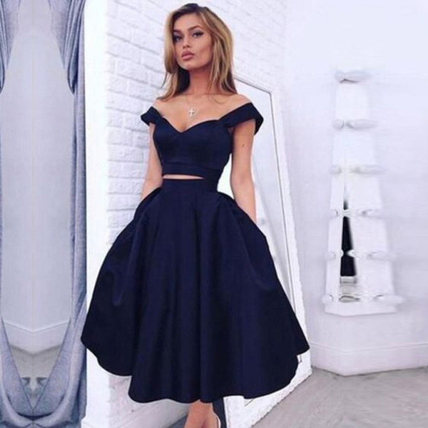 Elegant Cocktail Dress Navy Blue Ball gow Satin 2 pieces V-Neck Cocktail Dress 2017 Formal Tea Length Graduation Prom Gowns Robe De Cocktail