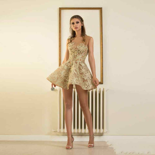 Fashion Gold Lace Mini Cocktail Dresses Sexy Backless Short Formal Party Dress For Graduation Appliques Robe Cocktail Sheer Neck