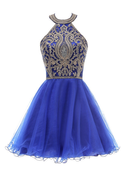 Halter Juniors Cocktail Party Dresses Royal Blue Gold Lace Appliques Homecoming Dresses Short Sweet 15 Prom Dresses