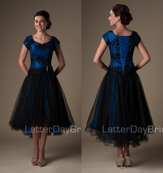 Royal Blue Black High Low Modest Cocktail Dresses Short With Cap Sleeves Beaded Appliques Lace Appliques Short Front Long Back Prom Dresses