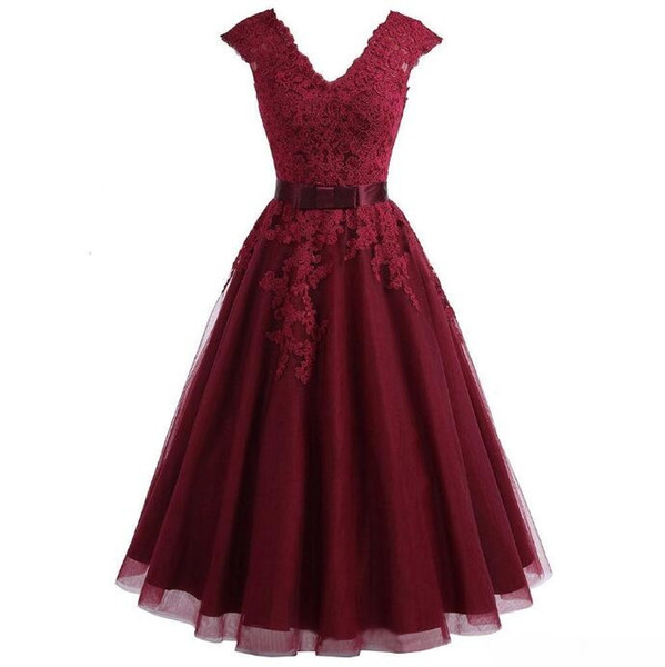 Tea Length Burgundy bridesmaid Dress Short V Neck Lace Cocktail Dress With cap Sleeves Applique Graduation Dresses party Gowns