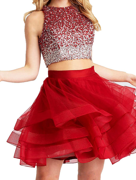 Setwell 2 Pieces Red Jewel A-line Cocktail Dress Sleeveless Short Mini Top Fully Beaded Sexy Open Back Prom Party Gown