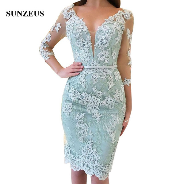 Sexy Deep V-neck Blue Lace Cocktail Dresses Short Lace Appliques Women Party Wear 3/4 Sleeves Sheath Knee Length Women Prom Gown