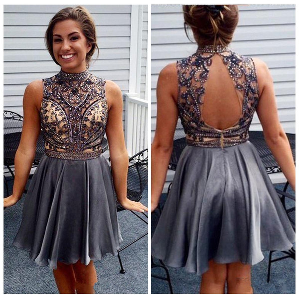 New Short Mini A Line Cocktail Dresses High Neck Illusion Crystal Beads Gray Chiffon Hollow Open Back Party Dress Prom Homecoming Gowns