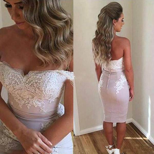 Short Sheath Cocktail Dresses Beach Off The Shoulder Bridesmaid Dresses Appliques Knee Length Formal Party Prom Gowns Cheap Hot Sale