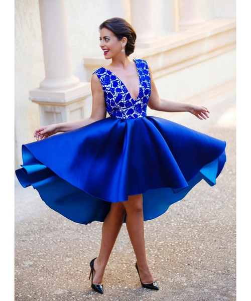 Royal Blue Custom Made V-neck Backless Short Cocktail Dresses Lace Top Satin Sexy Formal Party Gowns Cheap Party Dresses