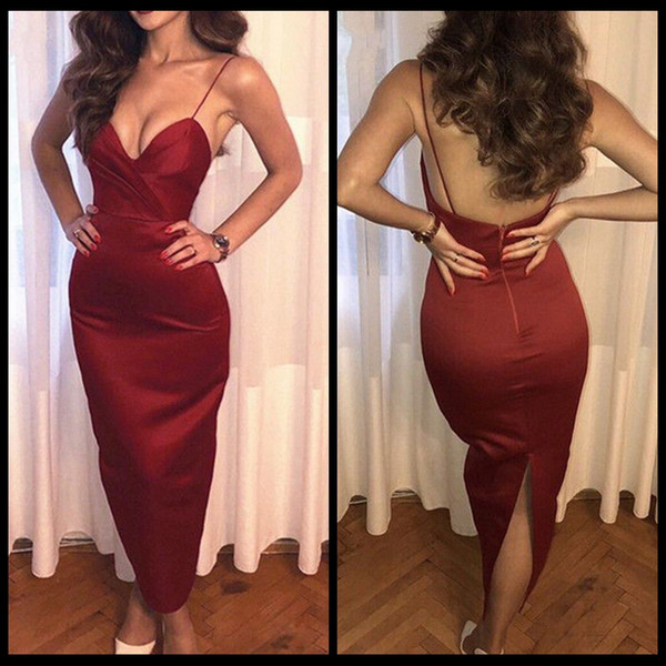 Sexy Burgundy Spaghetti Straps Ankle Length Cocktail Dresses Simple Satin Prom Party Gowns Women's Vestidos Formal Dress