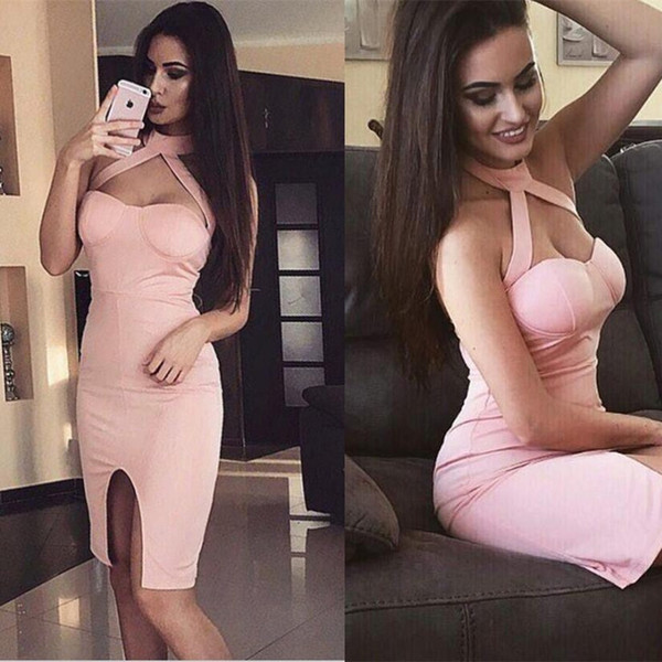 Bodycone Cut Out Pink Satin Cocktail Pink Sheath Party Dress with Split Keen Length Sexy Formal Girls Homecoming Dress
