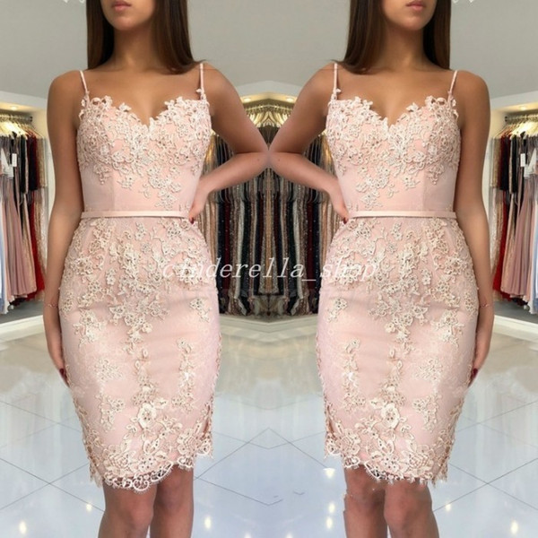 Pink Short Sheath Cocktail Dresses Spaghetti Backless Appliques Mini Prom Party Gowns Vestidos De Fiesta Homecoming Dress