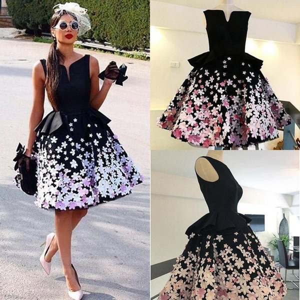 Little Black Satin Black Cocktail Dresses with Colorful 3D Appliques Flowers Short Knee Length A Line Short Cocktail Party Dresses