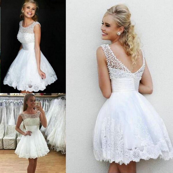 White Cocktail Dresses Lace Short Bridesmaid Dresses Princess Crystal/Beading Custom size Short/Mini Homecoming Dresses DK02