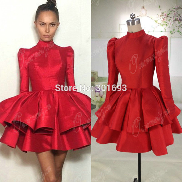 Oumeiya New Arrival ORC101 Red Taffeta Puffy Skirt High Neck Long Sleeve Real Pictures of Cocktail Dress 2015