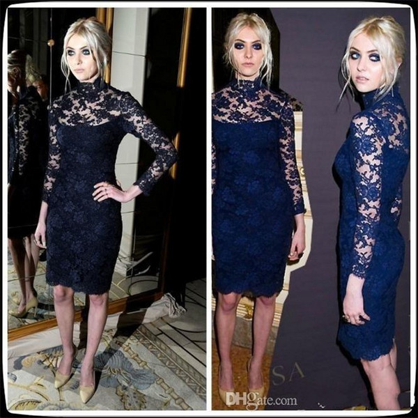 Prom Dresses Hot Sale !!! 2017 New Navy Blue High Neck Long Sleeves Celebrity Cocktail Dresses Lace Knee-Length Evening 028