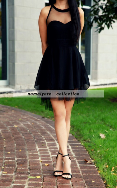 Elegant Crew Neck Lace Tulle Cocktail Dress Hot Sale Black Party Dress Short Drop 