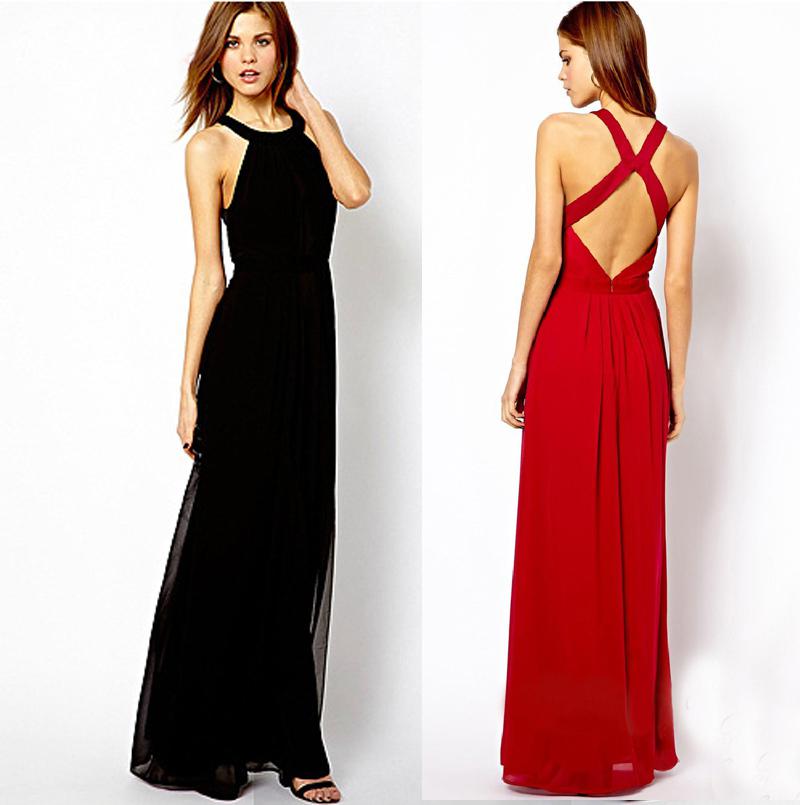 Women Backless Chiffon Long Dress Soild Color Party Wear Maxi Dress