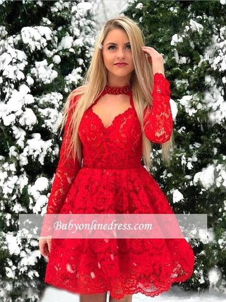 New Arrival Red Short Full Lace Cocktail Dresses V Neck Pearls Long Sleeves Above Knee Length Sexy Homecoming Party Graduation Dress