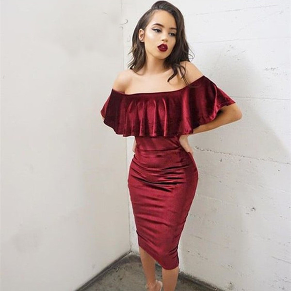 Mermaid Cocktail Dress Off The Shoulder Stain Knee Length Burgundy Bridesmaid Homecoming Pageant Dress Guest De Maid Of Honor Dresses Cheap