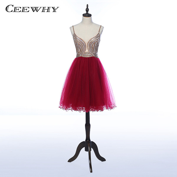 CEEWHY Spaghetti Strap Formal Party Dress Short Prom Gown Beading Cocktail Dresses Vestidos de Coctel Dress for Cocktail Party