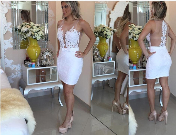 Sexy Illusion Backless Lace Sheath Mini Short Cocktail Dresses Sheer Neck White Appliques With Pearls Sash Women Occasion Club Gowns