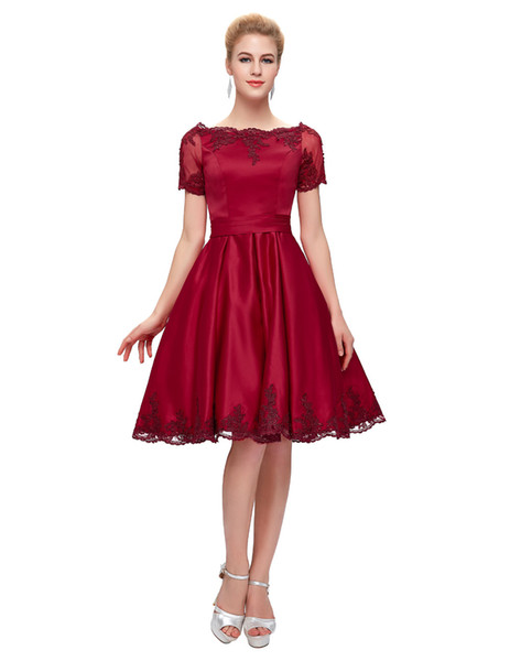 Red short Cocktail Dresses 2016 burgundy short sleeve special occasion dress Elegant Boat neck prom dress Vestidos Femininos Custom Made