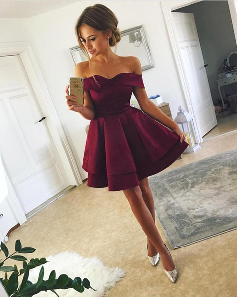 Little Burgundy Homecoming Dresses Off Shoulder Ball Gown Homecoming Dresses Layers Skirts Satin Graduation For Cocktail Dresses BA9603