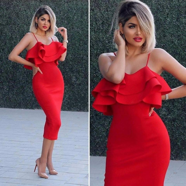 New Red Spaghetti Straps Satin Sheath Cocktail Dresses Ruffles Tea Length Short Semi Formal Occasion Party Dresses