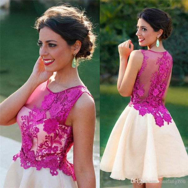 Sheer 3D Floral Appliques Homecoming Dresses Jewel Neckline Sleeveless Prom Gowns Short Length Fuchsia Fashion Evening Cocktail Dress