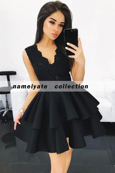 Little Black Short Club Cocktail Dresses V-Neck Short Sleeves A Line Lace Satin Cheap Prom Homecoming Party Gowns Arabic Vestidos