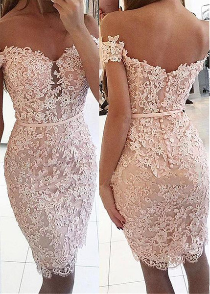 Champagne Elegant Cocktail Dresses Sheath Off The Shoulder Short Mini Lace Beaded Party Plus Size Homecoming Dresses