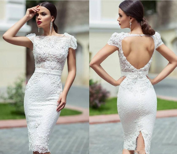 Modest Unique Lace Cocktail Dresses With Knee Length Sheath Cap Sleeves Backless Split Short Prom Dress Formal Evening Gowns