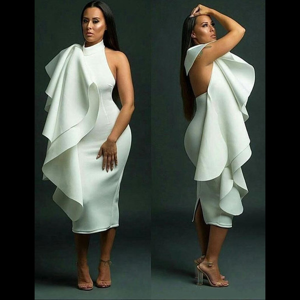 Sexy White Short Plus Size Cocktail Dresses Jewel Neck Cascading Ruffles Tea Length Back Split Backless Formal Party Cheap Dress