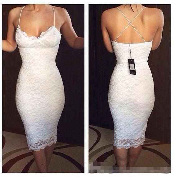 Sexy Plain Lace Cocktail Dresses 2017 V Neck Spaghetti Straps Sheath Knee Length Backless White Cocktail Party Dresses Cheap Prom Dresses