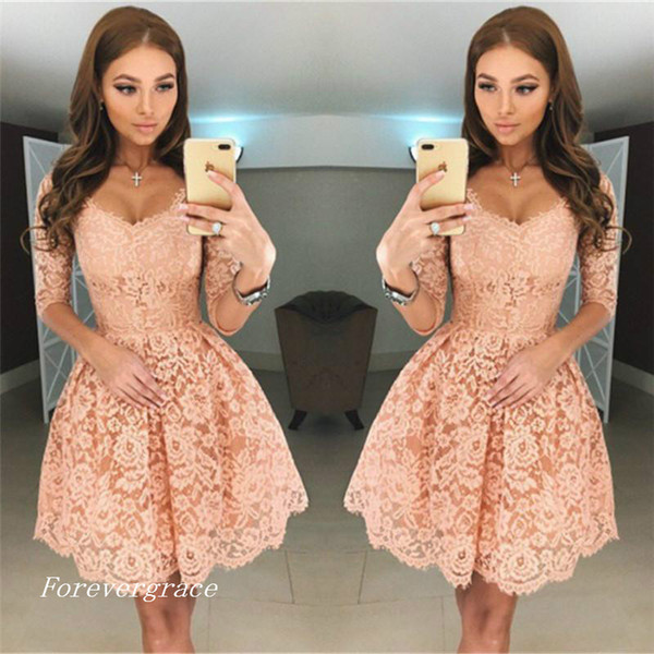 2017 Cheap 3/4 Sleeves Cocktail Dress A Line Lace V Neck Mini Short Club Wear Homecoming Party Dress Plus Size Custom Make