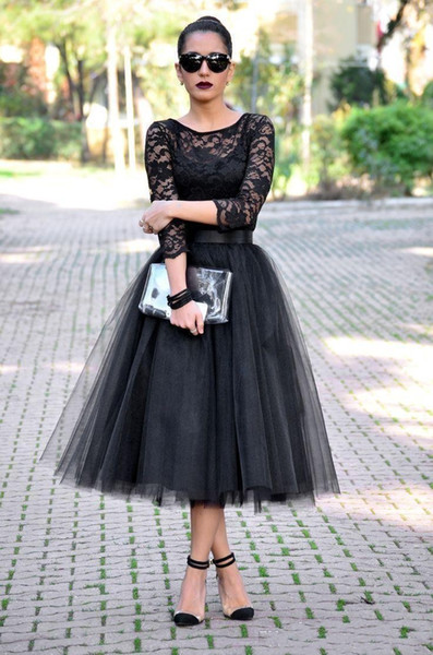 black lace tulle cocktail dress tea-length cocktails dress 3/4 long sleeves jewel A-Line evening Gowns plus size dress