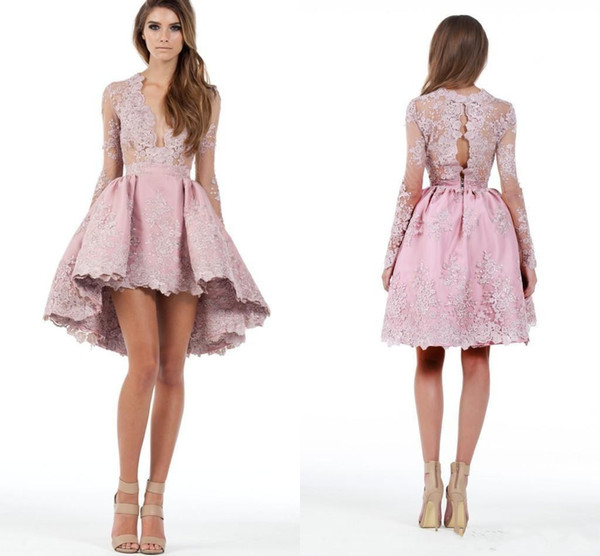 New Pink Custom Made A Line Long Sleeves High Low Cocktail Party Dresses Lace Applique Plunging Homecoming Gowns Prom Short Mini Dress