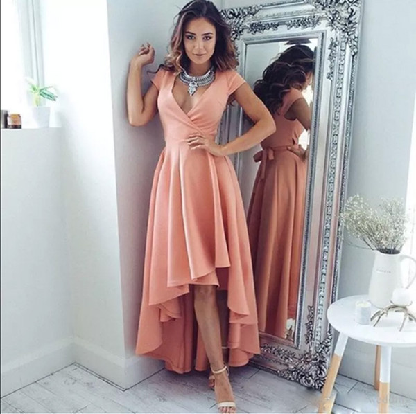 Elegant Hi-Lo Cocktail Dresses V-neck Short Sleeves Cocktail Party Gowns Sexy A-line Hot Sale Prom Dress