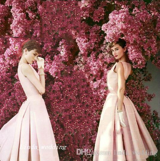 Beautiful Audrey Hepburn Cocktail Dresses Vintage High Quality Light Pink Tea Length Celebrity Formal Party Gown