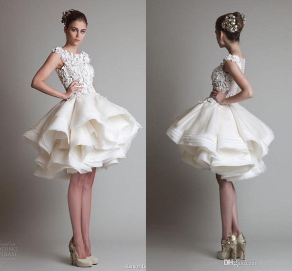 2017 Hot Cocktail Dresses Krikor Jabotian Illusion Lace Appliques Sheer Back Tiered Ruffles Organza 3D Floral Short Homecoming Gowns BO3887